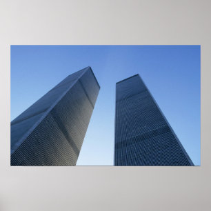 Poster New York, USA. View up at twin towers of the