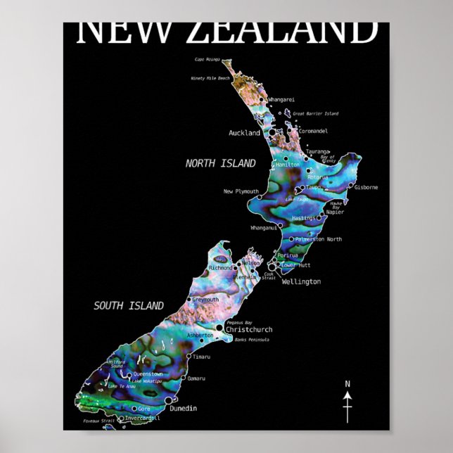Poster New Zealand Kiwi Detailed Map  (Devant)