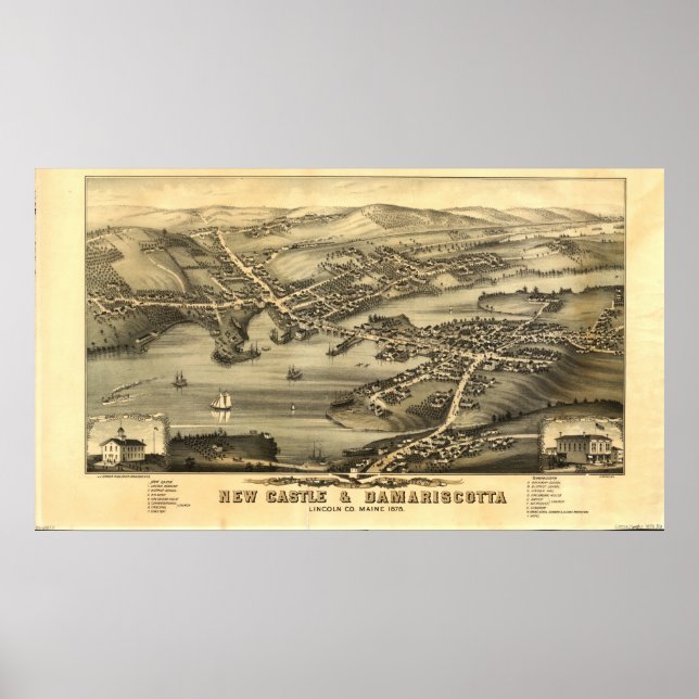 Poster Newcastle & Damariscotta Maine 1878 Carte panorami (Devant)