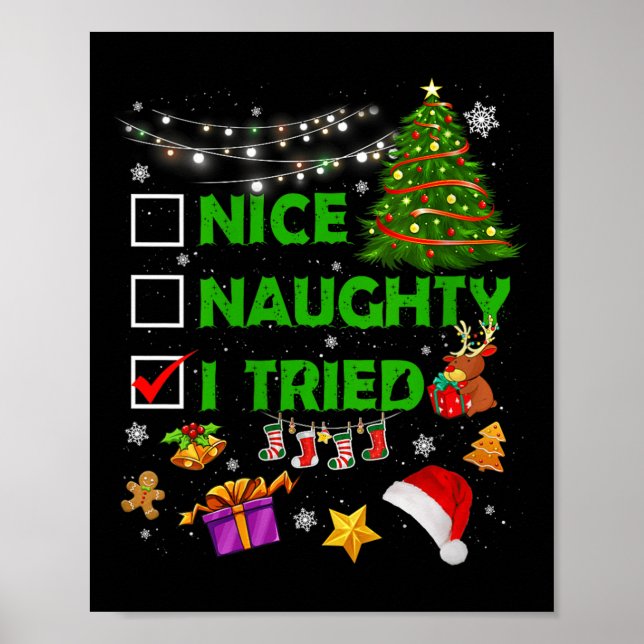 Poster Nice Naughty I Tried Christmas Tree Light Funny Xm (Devant)