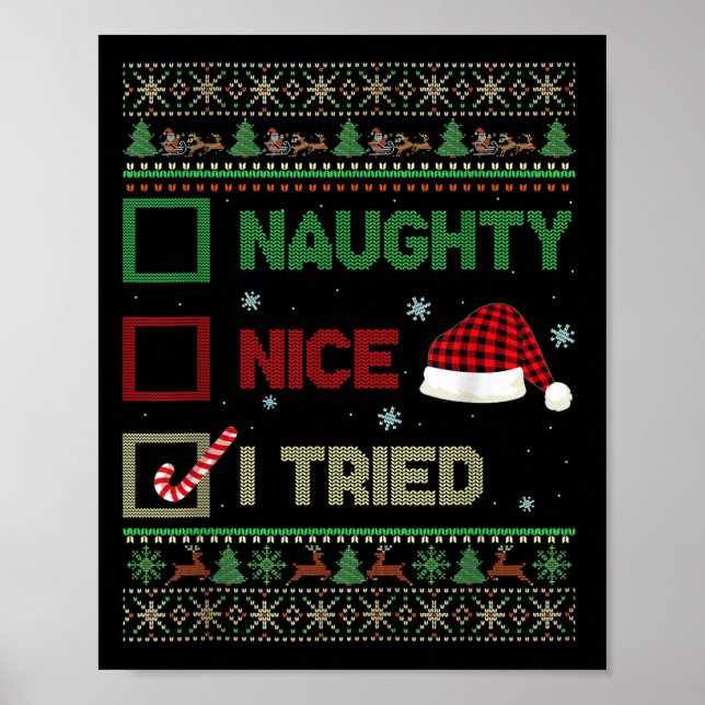 Poster Nice Naughty I Tried Ugly Sweater Red Plaid Christ (Devant)
