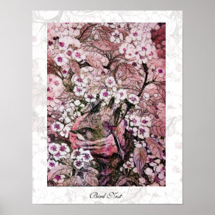 Poster NID OISEAU, rose rouge blanc