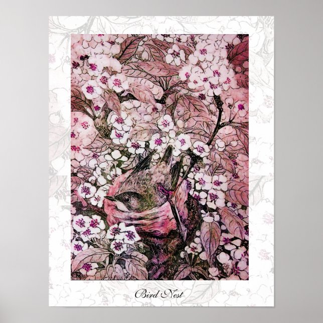 Poster NID OISEAU, rose rouge blanc (Devant)