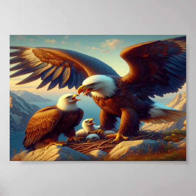 Poster Nidification de famille d'aigle au sommet d'une fa (Devant)