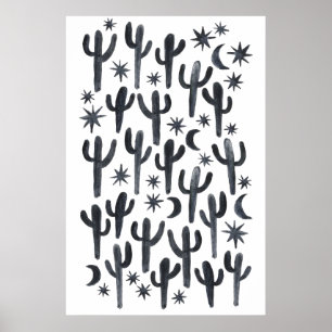 Poster Night Desert Fun Cactus Indigo Motif Aquarelle