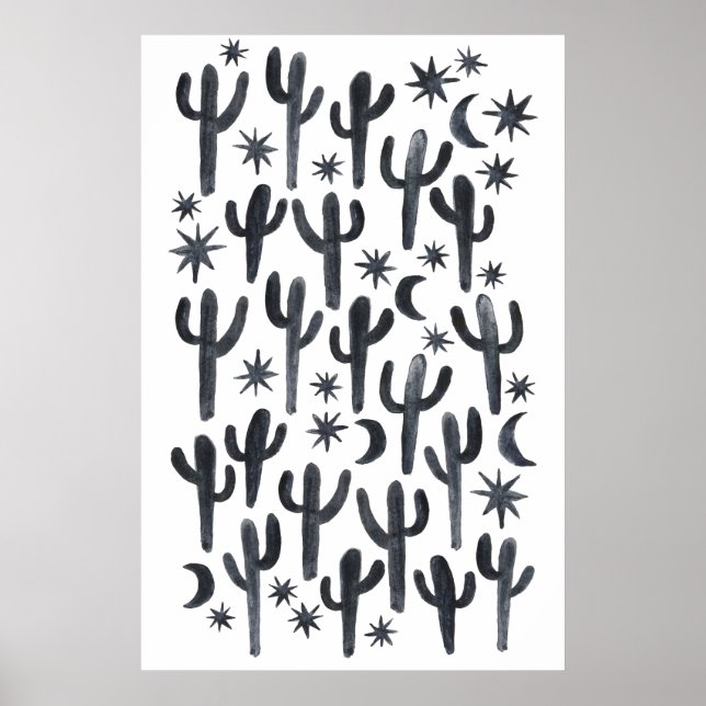 Poster Night Desert Fun Cactus Indigo Motif Aquarelle (Devant)
