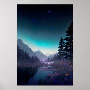 Poster Nightfall de rivière : Forêt, Fleurs et étoiles