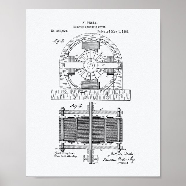 Poster Nikola Tesla 1888 Art de brevet - Livre blanc (Devant)
