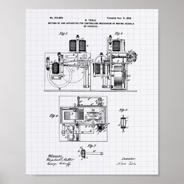 Poster Nikola Tesla 1898 Art Brevet - Poivre Lined (Devant)