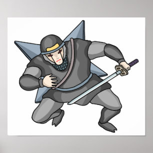 Poster Ninja cybernétique portant des shuriken dans le do