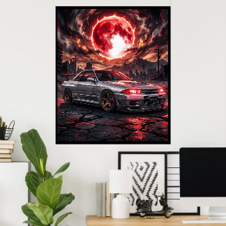 Poster Nissan Skyline R32 sous la Lune Cramoisie