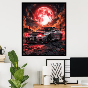 Poster Nissan Skyline R32 sous la Lune Cramoisie