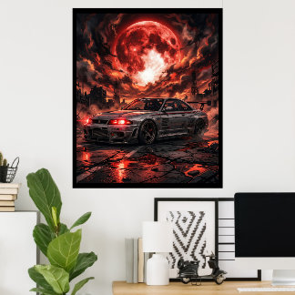 Poster Nissan Skyline R33 sous la lune cramoisie