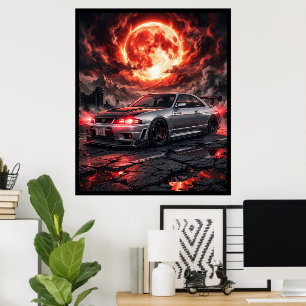 Poster Nissan Skyline R33 sous la lune cramoisie