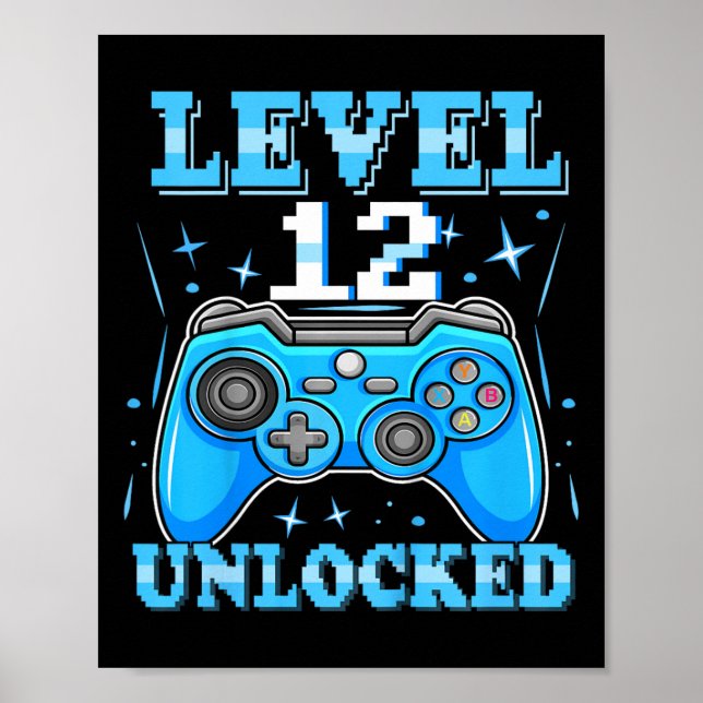 Poster Niveau 12 Gamer déverrouillé 12e Anniversaire Vidé (Devant)