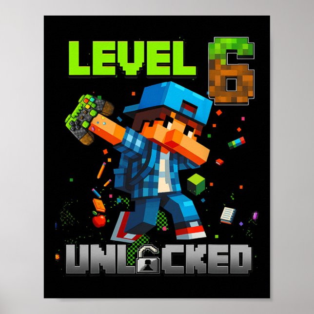 Poster Niveau 6 Débloqué Drôle Anniversaire Garçon Pixel  (Devant)