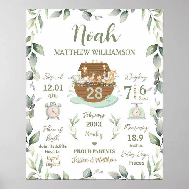 Poster Noah's Ark Greenery Baby Birth Stats Nursery (Devant)