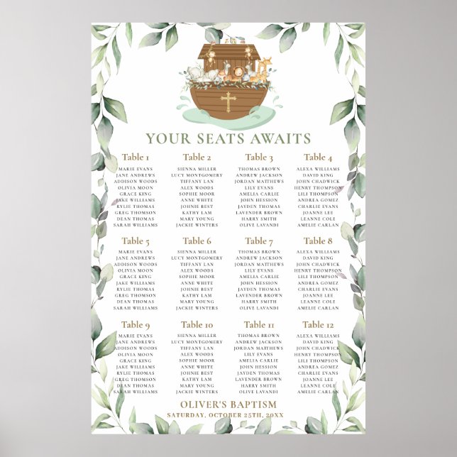 Poster Noah's Ark Greenery Baptism Seating Chart (Devant)