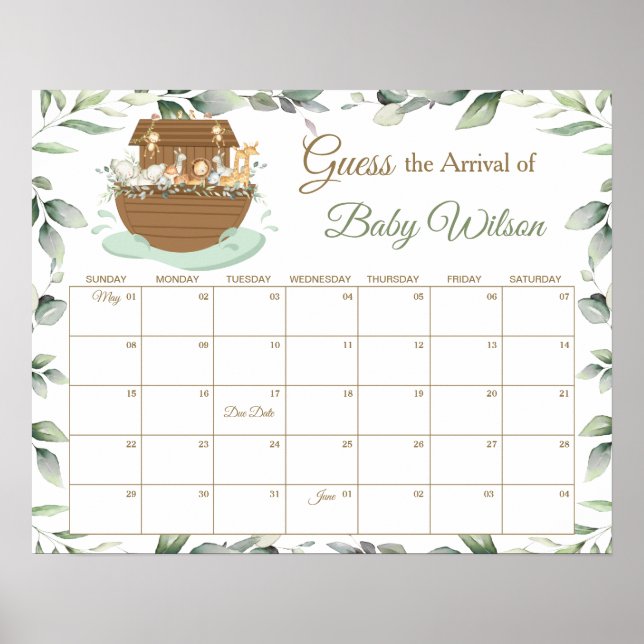 Poster Noah's Ark Greenery Guess Baby's due Date de Jeu (Devant)