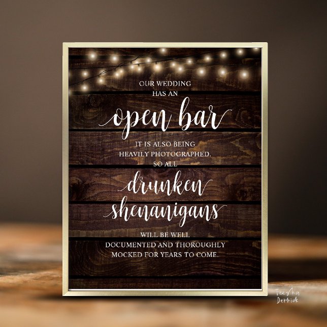 Poster Noce Rustique Moderne : Bar Ouvert et Shenanigans  (Modern Rustic Wedding Open Bar Drunken Shenanigans Poster in Cottage Dark Wood, String Lights)