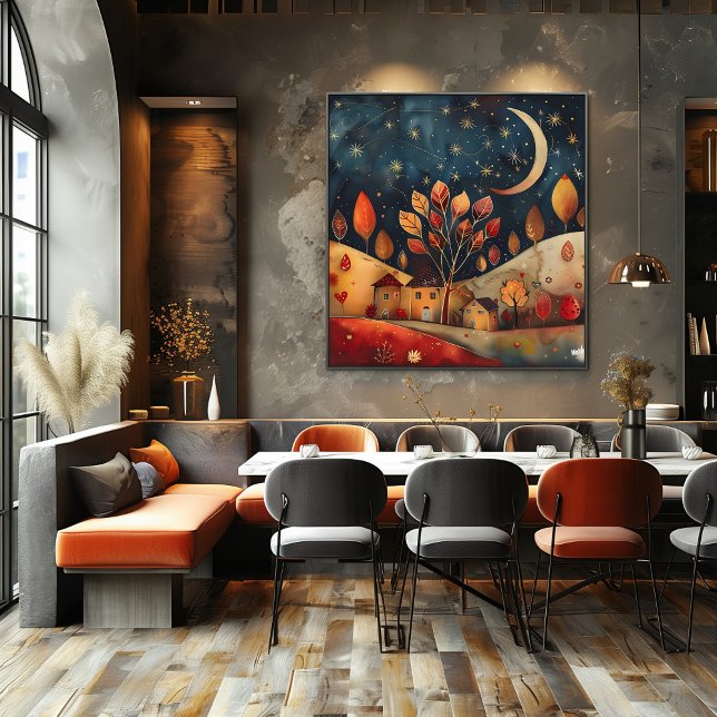 Poster Noche Estrellada: Paisaje Folk y Naive Colorido (Créateur téléchargé)