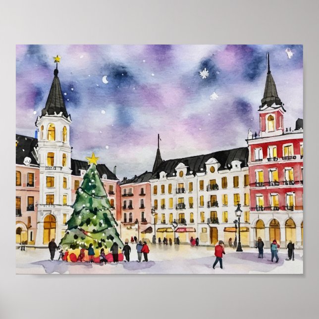 Poster Noël à Madrid Espagne Aquarelle (Devant)
