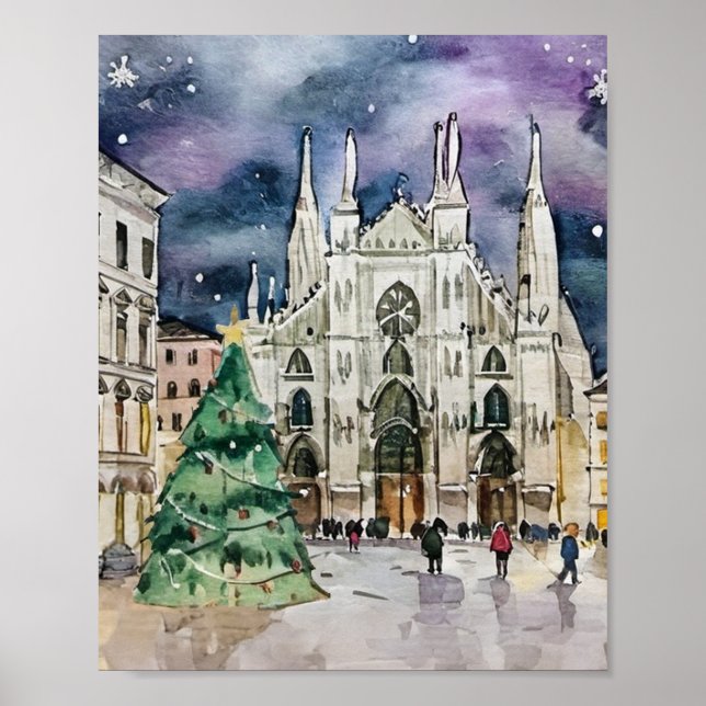 Poster Noël à Milan Italie Aquarelle (Devant)