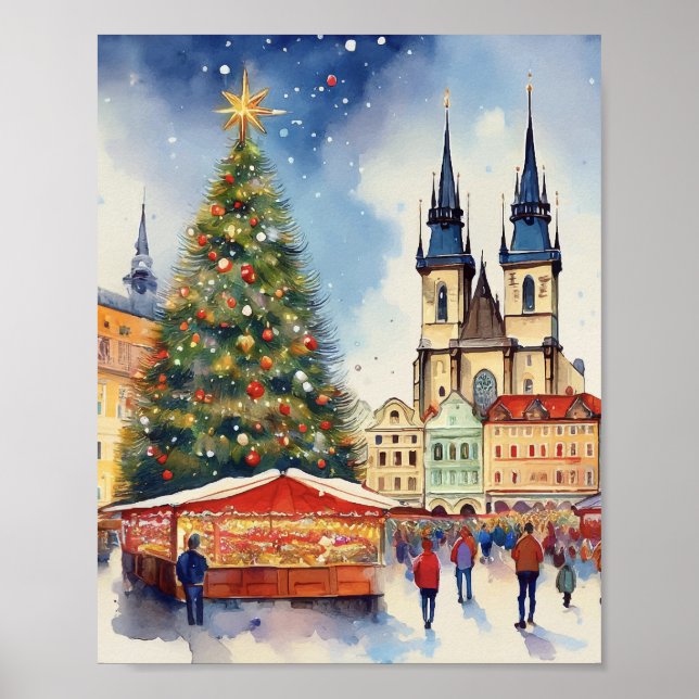 Poster Noël à Prague Tchéquie Aquarelle (Devant)