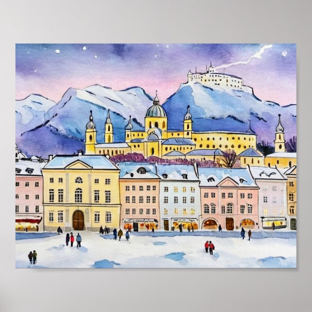Poster Noël à Salzbourg Autriche Aquarelle (Devant)