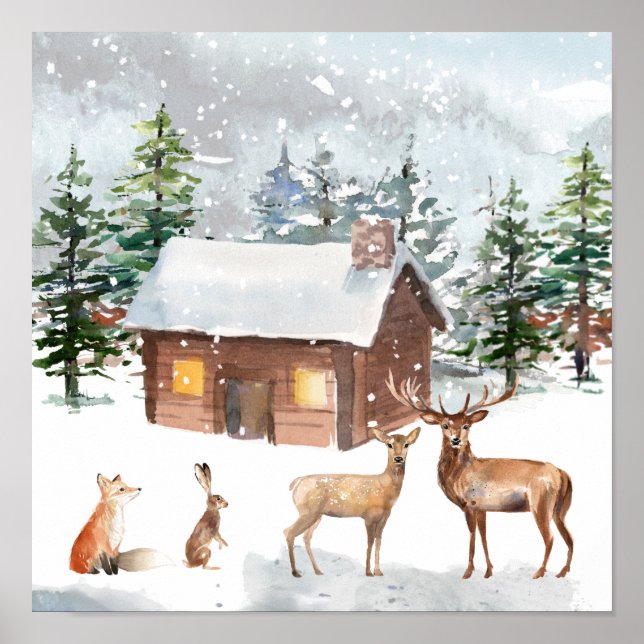 Poster Noël, animaux des bois, cabine de bois (Devant)
