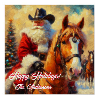 Poster Noël du Père Noël occidental et du Cheval