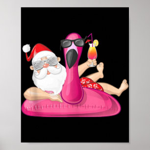 Poster Noël en juillet Père Noël Hawaii Flamant rose Summ