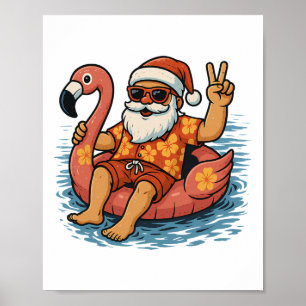Poster Noël en juillet Santa Flamant Rose Été Xmas Garçon