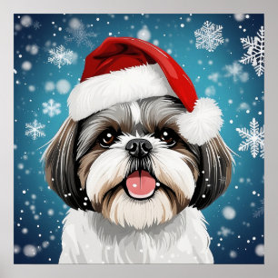 Poster Noël festif mignon Chih Tzu Chien avec chapeau de 