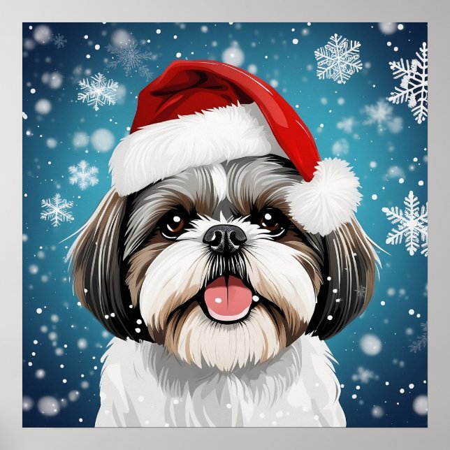 Poster Noël festif mignon Chih Tzu Chien avec chapeau de  (Devant)