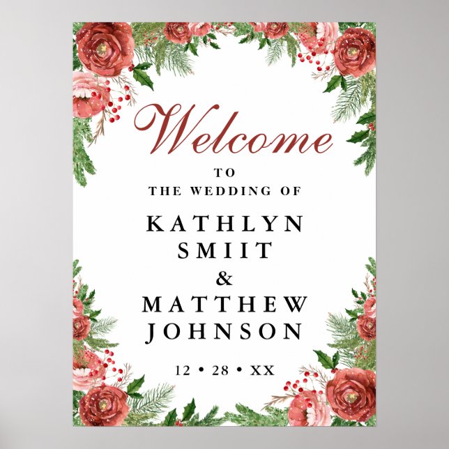 Poster Noël Floral Foliage Mariage d'hiver Bienvenue (Devant)