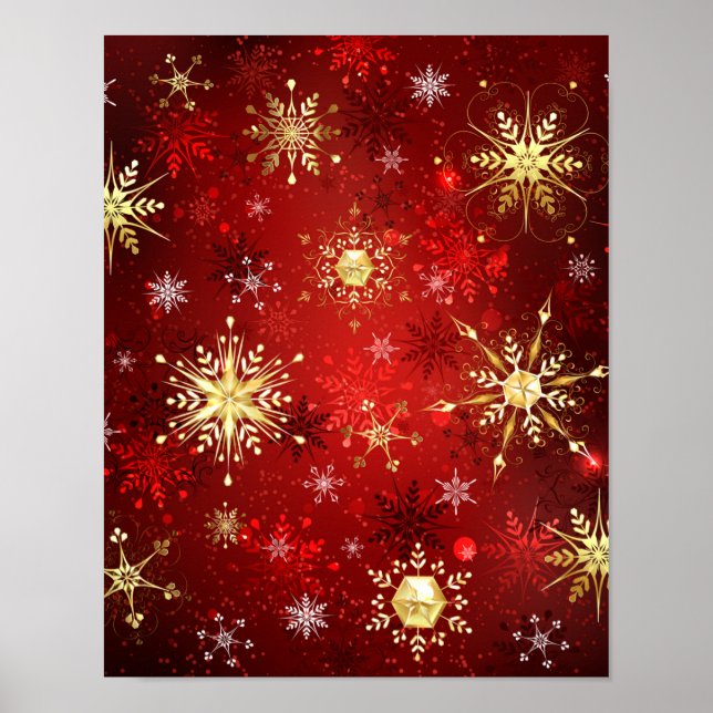 Poster Noël Golden Snowflakes sur Arrière - plan rouge (Devant)