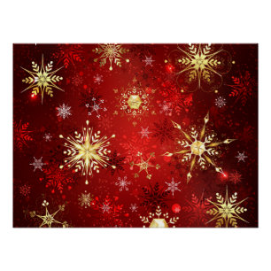 Poster Noël Golden Snowflakes sur Arrière - plan rouge