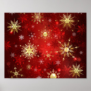 Poster Noël Golden Snowflakes sur Arrière - plan rouge