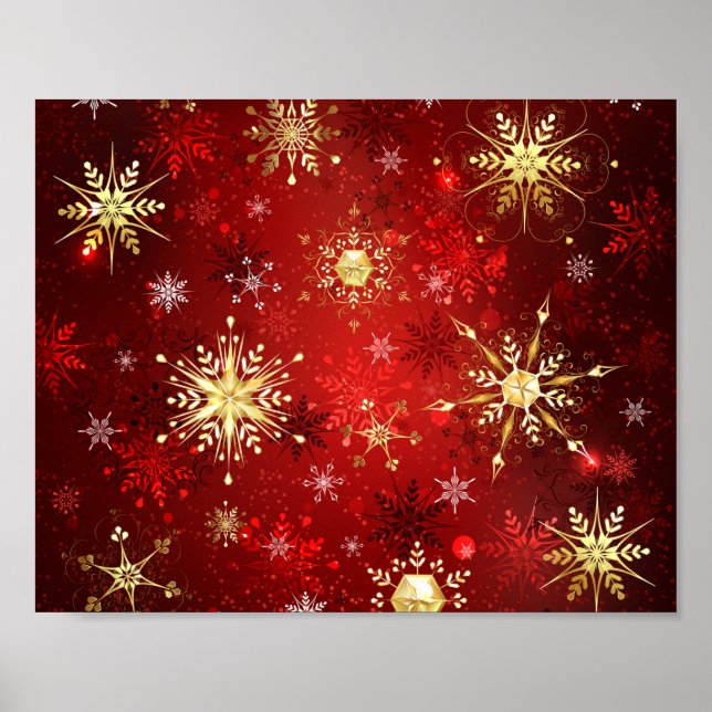 Poster Noël Golden Snowflakes sur Arrière - plan rouge (Devant)