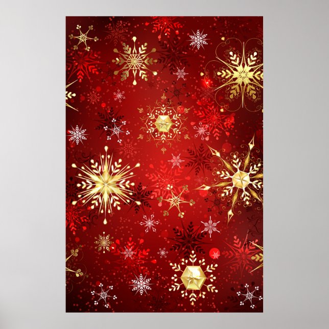 Poster Noël Golden Snowflakes sur Arrière - plan rouge (Devant)