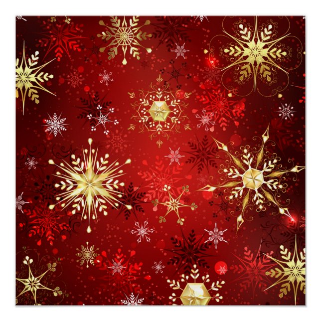 Poster Noël Golden Snowflakes sur Arrière - plan rouge (Devant)
