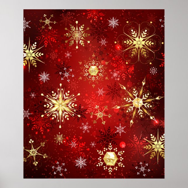 Poster Noël Golden Snowflakes sur Arrière - plan rouge (Devant)