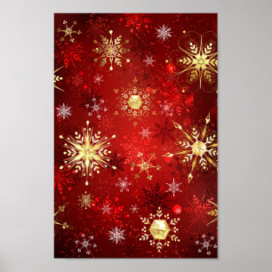 Poster Noël Golden Snowflakes sur Arrière - plan rouge
