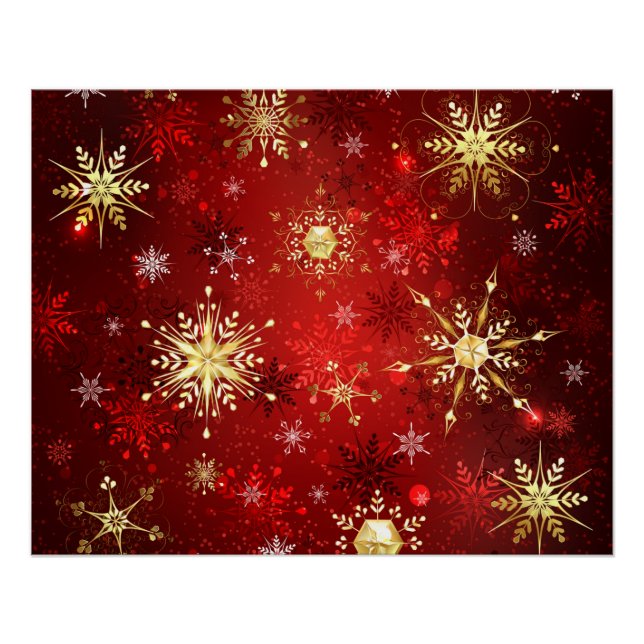 Poster Noël Golden Snowflakes sur Arrière - plan rouge (Devant)