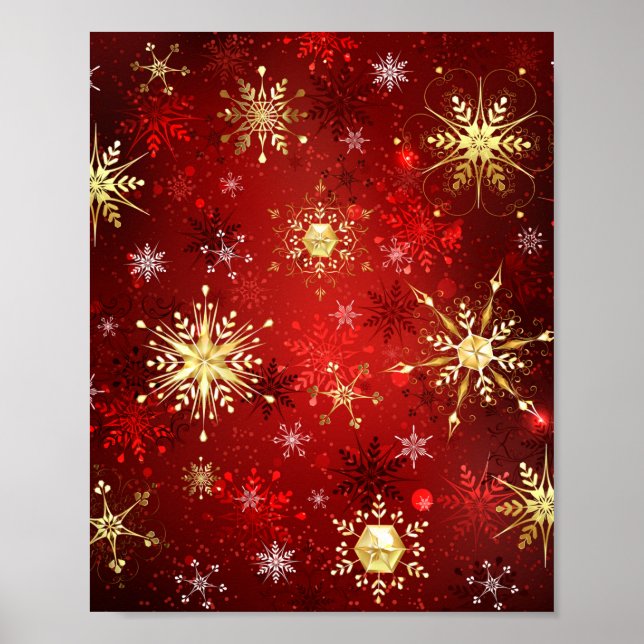 Poster Noël Golden Snowflakes sur Arrière - plan rouge (Devant)