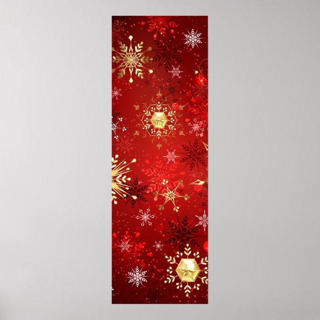 Poster Noël Golden Snowflakes sur Arrière - plan rouge (Devant)