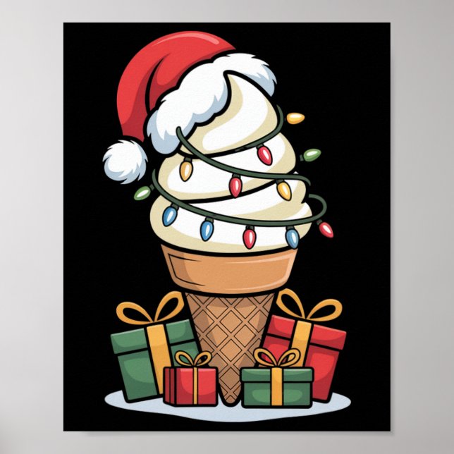 Poster Noel Lumières Glace Cone de crème avec Santa Hat D (Devant)