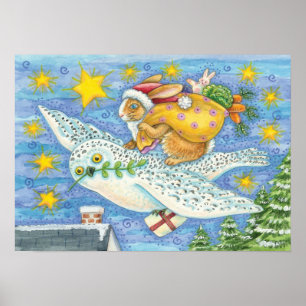 Poster Noël mignon avec lapin comme Père Noël sur Hibou