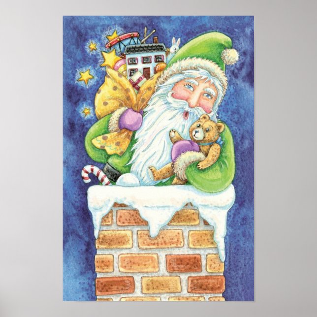 Poster Noël mignon, Père Noël à Chimney avec jouets (Devant)